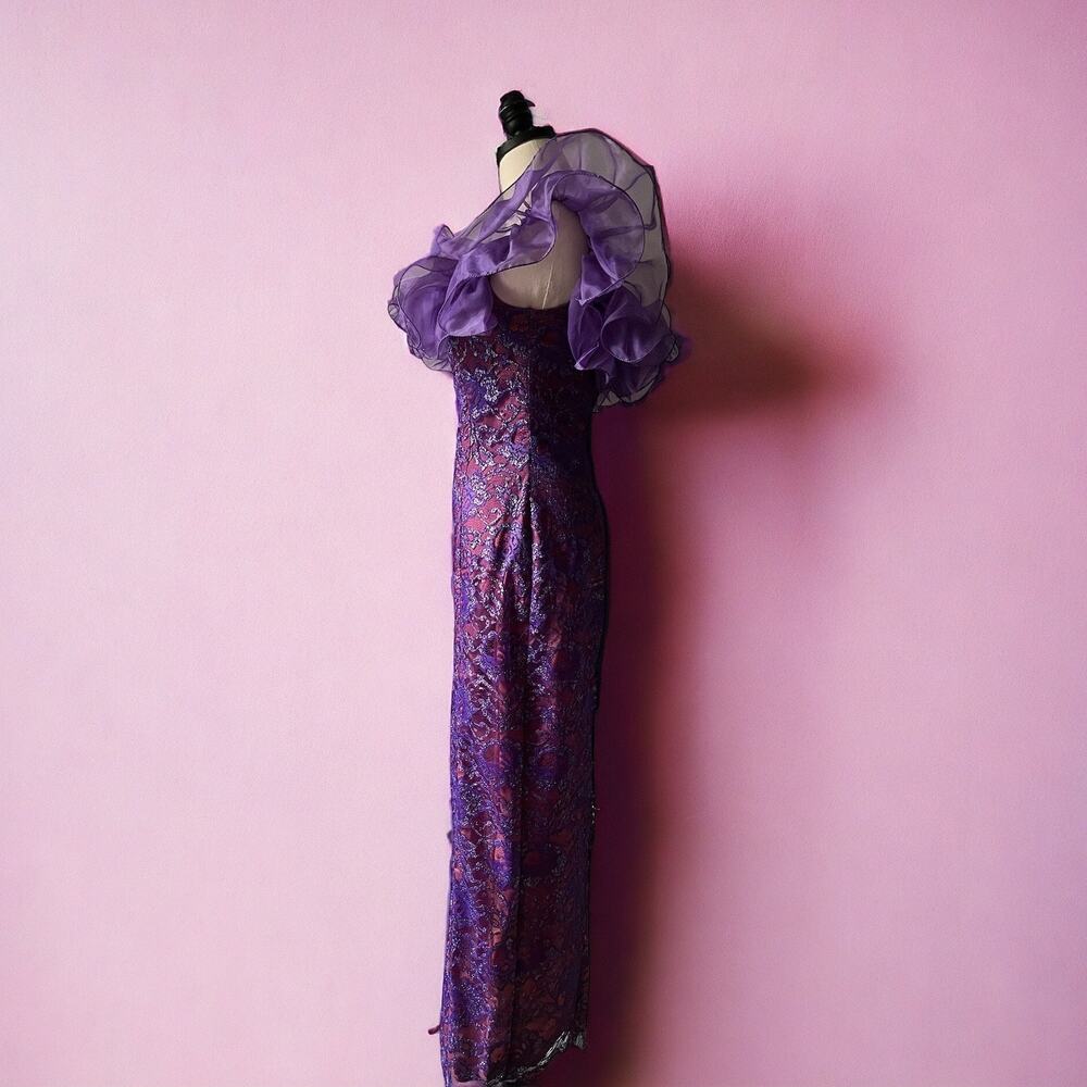 Vintage 80s Metallic Lace Gown | Purple Off Shoulder Ruffle Corset Dress| XS - Picture 4 of 9